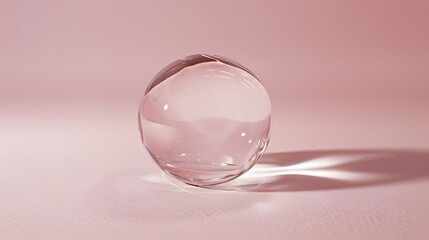 Transparent crystal water bubble glass sphere on a soft pink background.