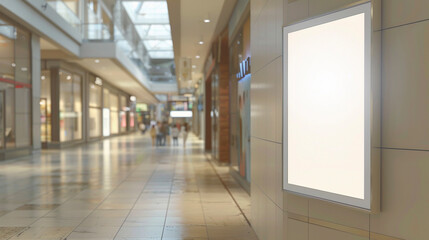 Obraz premium A blank empty canvas poster screen board hanging on a wall at a shopping mall