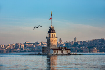 Maiden's Tower with beautiful sunrise sky in Istanbul, Turkey. (Turkish Name: KIZ KULESI). Colorful sunrise sky in Istanbul.