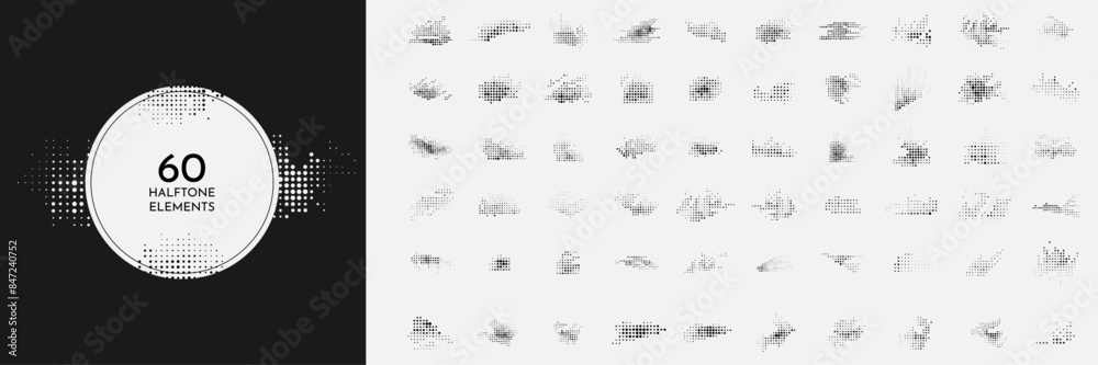 Wall mural vector set of 60 dynamic halftone dotted elements. pop art style. faded dots bundle isolated on whit