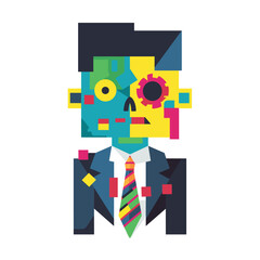 Fototapeta premium Colorful geometric zombie businessman abstraction, surreal mix corporate work attire, horror. Bright neon colors highlighting distorted facial features, wearing dark suit, multicolor tie. Creative