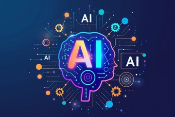 Obraz premium Creative AI Concept Illustration with Digital Circuit Patterns and Colorful Icons on Deep Blue Background