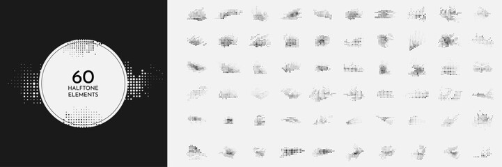 Vector set of 60 dynamic halftone dotted elements. Pop art style. Faded dots bundle isolated on white background. Collection of geometric shapes. Design elements for poster, layout, postcard, frame