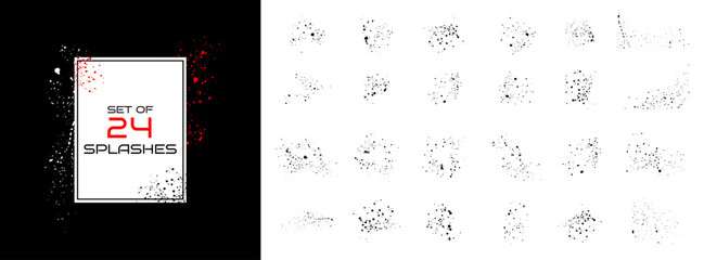 Vector set of 24 splatters. Black paint splashes. Blotter spots of liquid ink. Drip drop splash Artistic dirty grunge abstract spots collection. Bundle of black messy inkblot. Design elements
