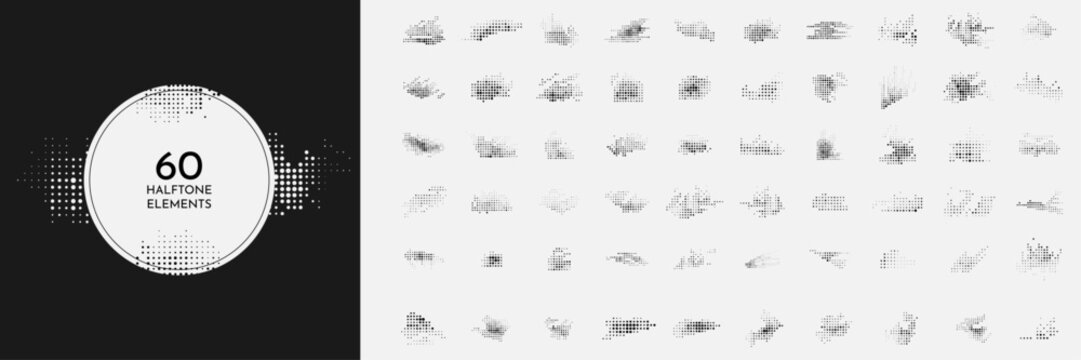 Vector set of 60 dynamic halftone dotted elements. Pop art style. Faded dots bundle isolated on white background. Collection of geometric shapes. Design elements for poster, layout, postcard, frame