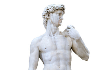 marble statue of Michelangelo's David cut out on transparent background, png format.