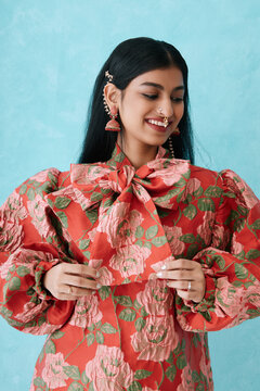 Joyful woman portrait studio background
