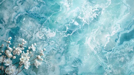 Blue and White Marble Batik Wallpaper with Frosty Aqua Crystal Background and Mint Green Tie Dye Pattern