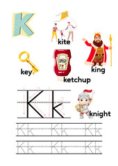 Educational illustration showing the letter K with related words