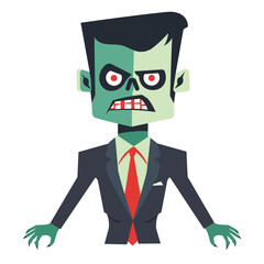 Cartoon zombie business suit animated Halloween character standing eerie expression vector illustration isolated white background. Greenskinned monster formal attire red tie exaggerated features