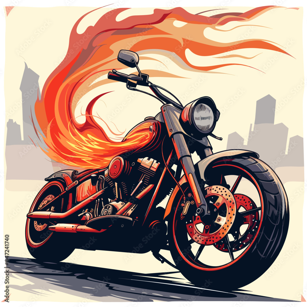 Sticker vector motorcycle burns with fire .generative ai