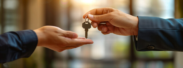A real estate agent is handing over keys to a customer in an office 