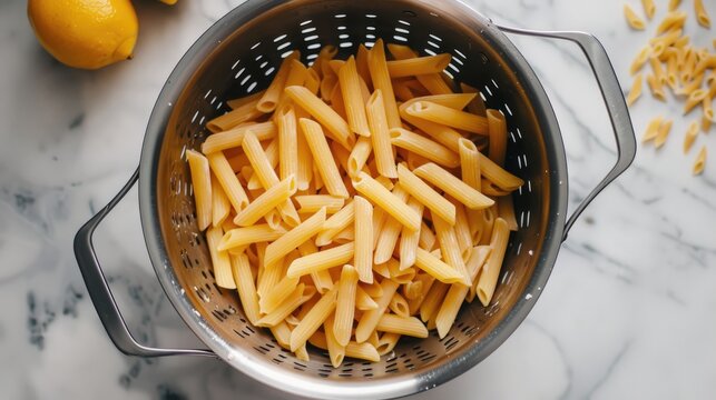 Closeup of cooked pasta in a metal colander and items on a white marble surface