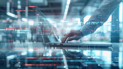 business person typing on laptop with digital overlay in futuristic office setting