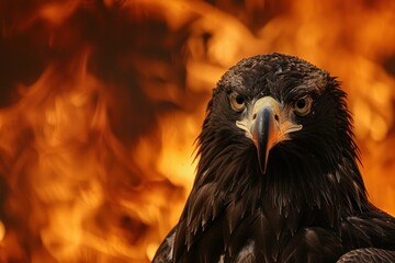 Fototapeta premium Majestic eagle is posing with an intense gaze against a backdrop of raging fire