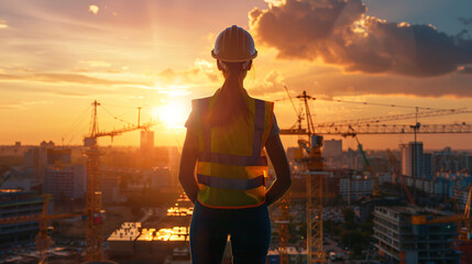 Fototapeta premium Woman in hard hat and reflective vest surveying a city construction site from behind during the golden hour
