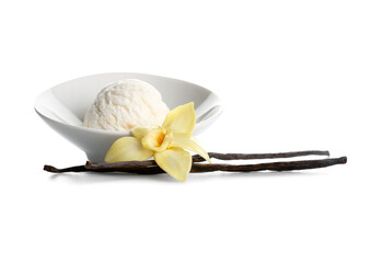 Bowl of sweet vanilla ice-cream ball with sticks and flower on white background