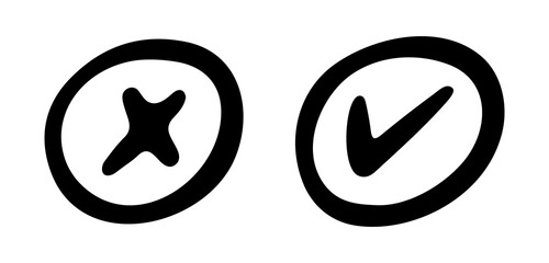 Check and cross mark. Hand drawn doodle sketch sign. Checkbox for vote, yes, no drawn concept. Cross mark with box, circle element