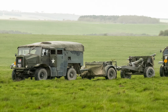 Salisbury, Wiltshire / England - April 2nd 2024: Enthusiasts meeting with vintage WW2 military vehicles