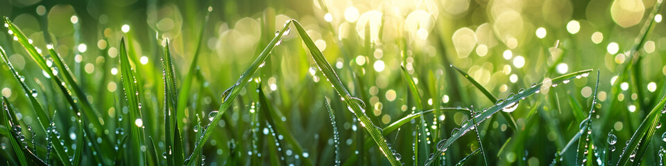 A macro closeup photo of green grass and water drops glowing with natural sun shine and water in a rainy day  