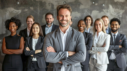 Professional man smiling with arms crossed, surrounded by a diverse corporate team