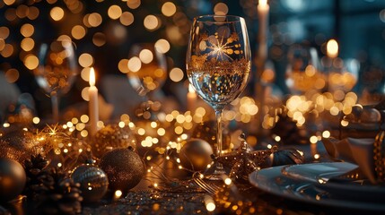 Elegant Christmas Dinner Table with Golden Decorations and Festive Lights