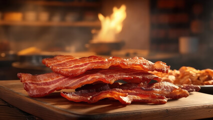 Crispy bacon strips on a wooden board with a scenic outdoor backdrop, perfect for highlighting a rustic and hearty breakfast.

