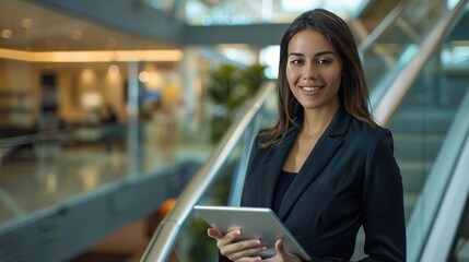 Beautiful elegant business woman in dark business clothes holding tablet and looking at camera smiling inside office building created with