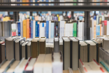 Rows on books on shelf, close up
