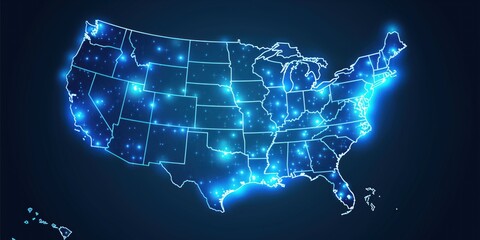 Digital map of the United States with illuminated network connections. High-tech glowing blue lines on a dark background.