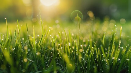 Closeup of dewy fresh grass with sunlight on blurred natural background showcasing lawn growth and agriculture practice