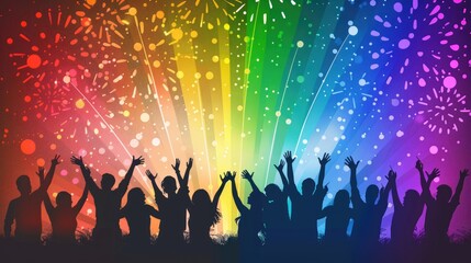 Pride Month poster with silhouettes of people and rainbow fireworks in the background