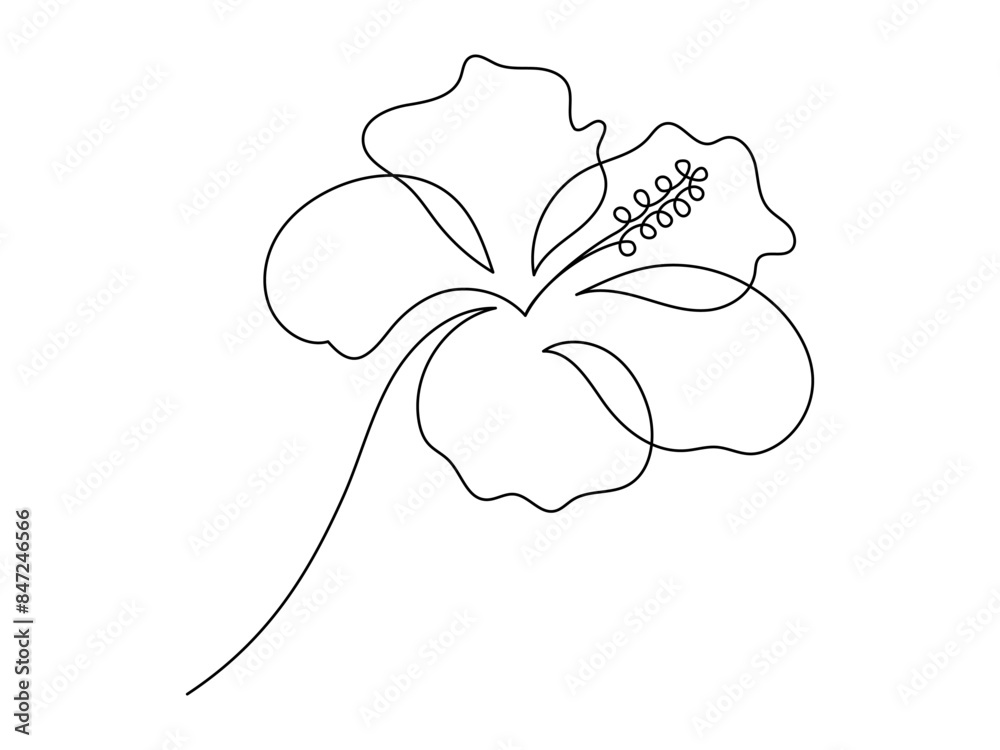 Poster hibiscus flower in one continuous line drawing. floral abstract symbol in simple linear style. organ