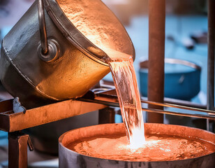 Liquid copper being poured in a recycling foundry