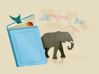 Gray cartoon elephant coming out of blue book
