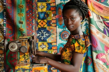 Obraz premium Young seamstress is using an old fashioned sewing machine in a workshop full of colorful african fabrics