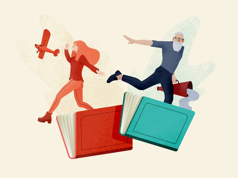 Cartoon characters coming out of books