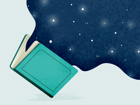 Open blue book and starry sky at night