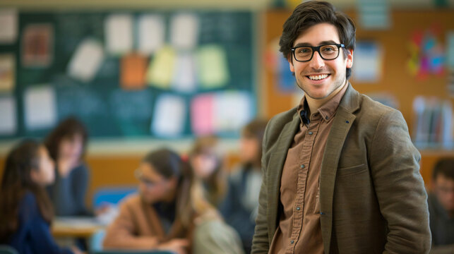 Smiling young male teacher with eyeglasses standing in front of students in a classroom