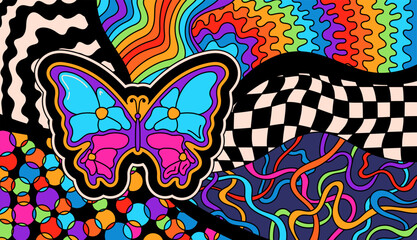 Psychedelic groovy butterfly. Zentangle coloring page for adult.