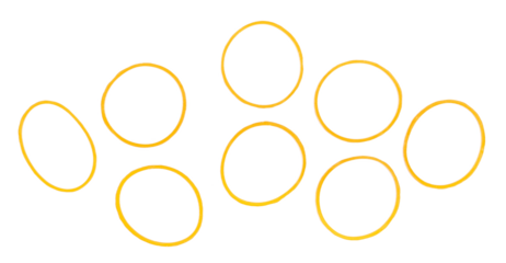 Yellow rubber bands pile isolated on white, top view