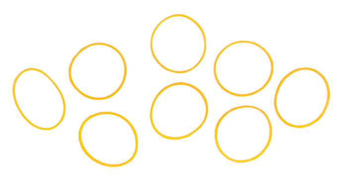 Yellow rubber bands pile isolated on white, top view