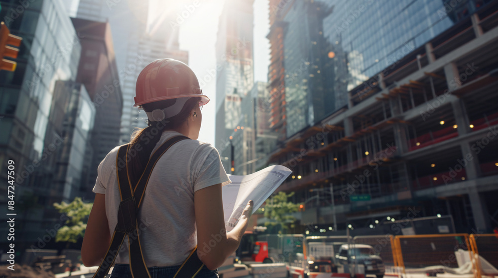 Poster back view of a woman in a hard hat with blueprints at a city building project