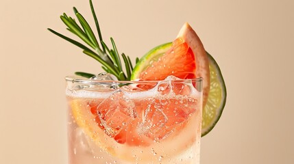 A refreshing grapefruit soda is served with a lime wedge and a sprig of rosemary. The drink is set against a beige background.