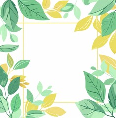 Fototapeta premium Handdrawn cartoon frame with green leaves and golden geometric shapes 