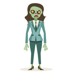 Animated zombie woman business suit standing isolated white background cartoon style vector illustration. Horror undead character dark hair green skin expressive face corporate attire. Halloween