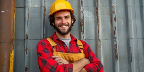 Smiling man in a yellow hard hat and red plaid shirt standing in front of a metal wall