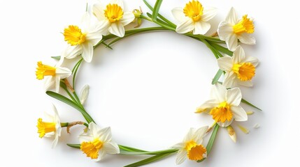 A beautiful wreath of yellow and white daffodils arranged in a circle on a white background, ideal for spring and floral themes.