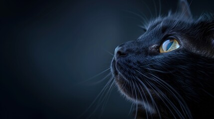 A captivating close-up of a black cat gazing upwards with a focus on the eye and whiskers, set against a dark, blurred background.
