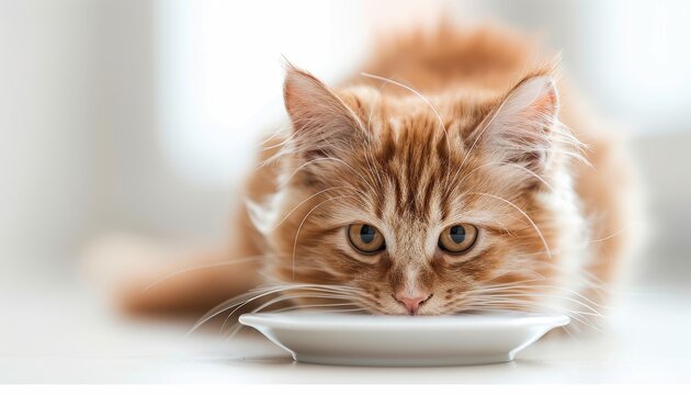 A fluffy orange tabby cat drinking milk from a saucer in a bright, white room. The cat's eyes are wide and focused, creating a cute and serene scene.